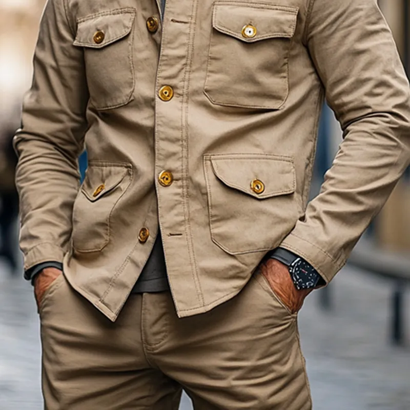 Men's Cotton Solid Color Multi-Pocket Stand Collar Button Jacket MTA0458I8X sold by Manly product image thumbnail 4