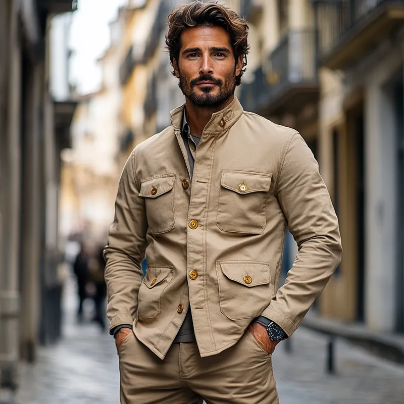 Men's Cotton Solid Color Multi-Pocket Stand Collar Button Jacket MTA0458I8X sold by Manly product image thumbnail 3