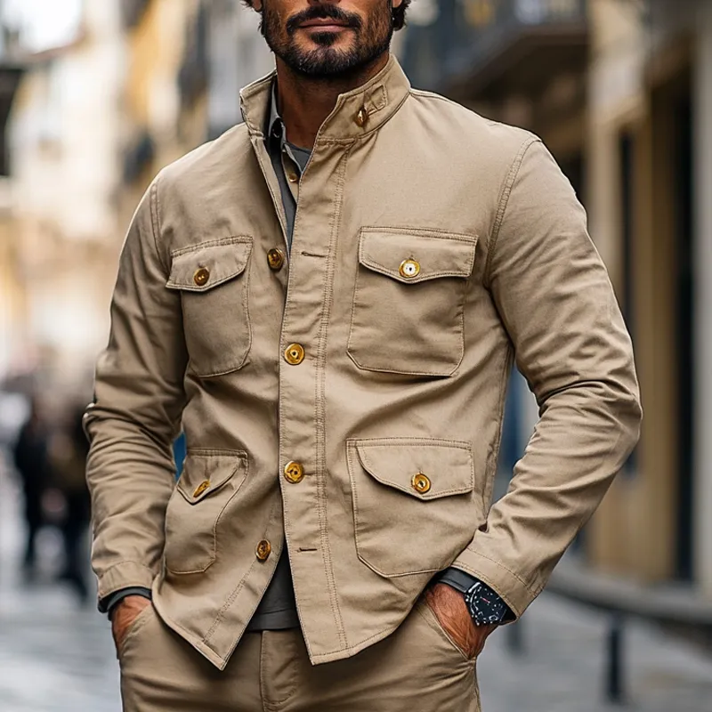 Men's Cotton Solid Color Multi-Pocket Stand Collar Button Jacket MTA0458I8X sold by Manly product image thumbnail 2
