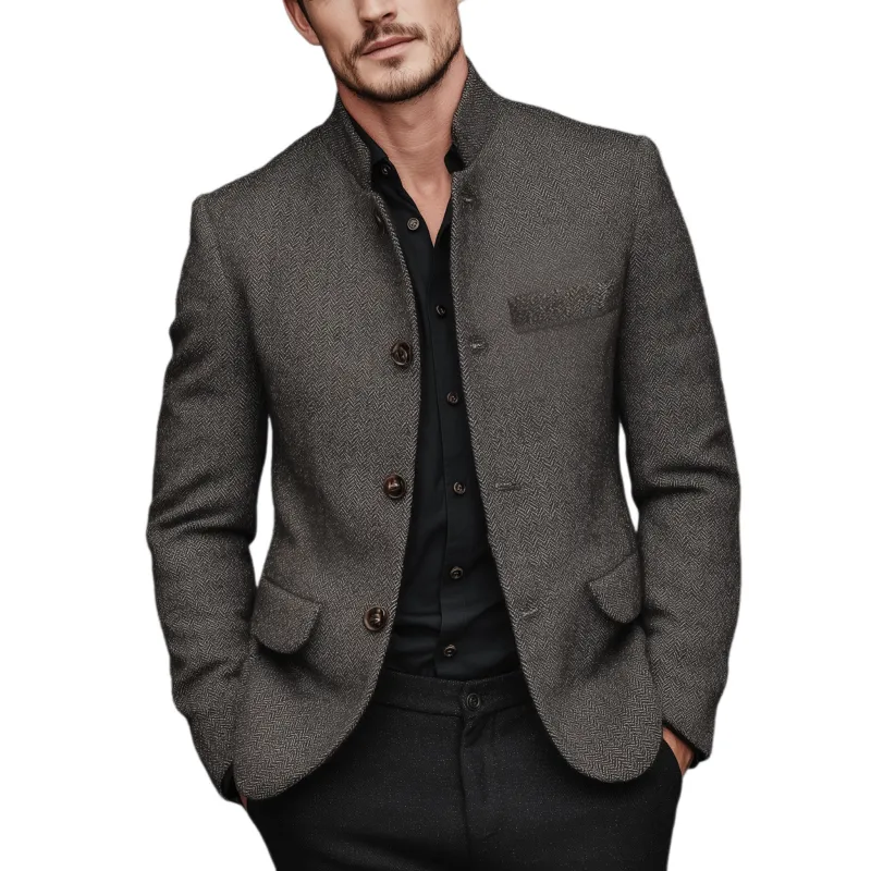 Men's Classic Vintage Herringbone Cotton Blend Stand Collar Jacket MTA0970I2K sold by Manly