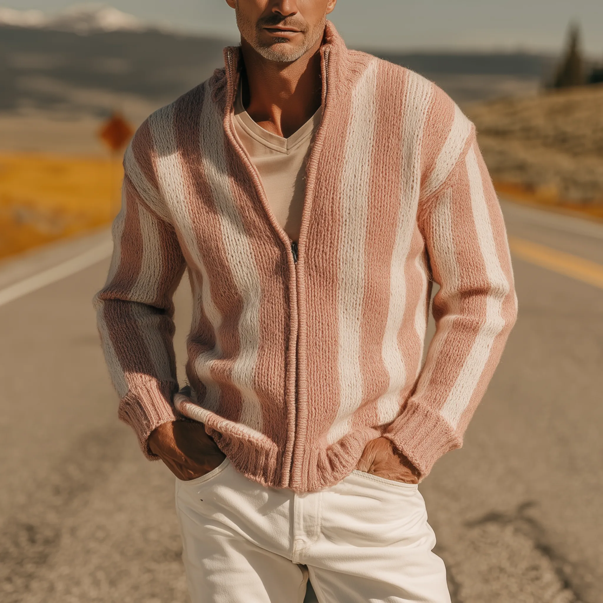 Men's Classic Casual Western Tough Style Stand Collar Zipper Striped Knitted Cardigan MTA0854I7K sold by Manly product image thumbnail 2