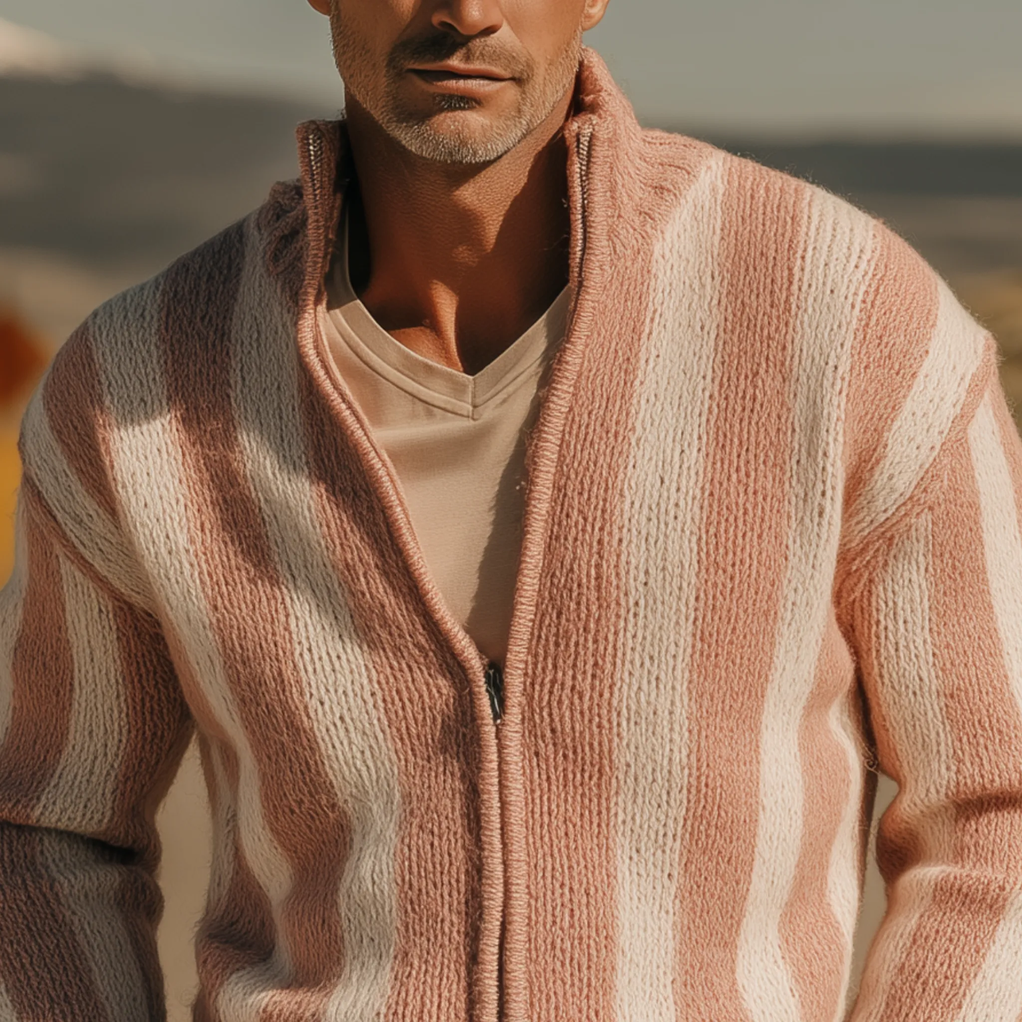 Men's Classic Casual Western Tough Style Stand Collar Zipper Striped Knitted Cardigan MTA0854I7K sold by Manly product image thumbnail 4