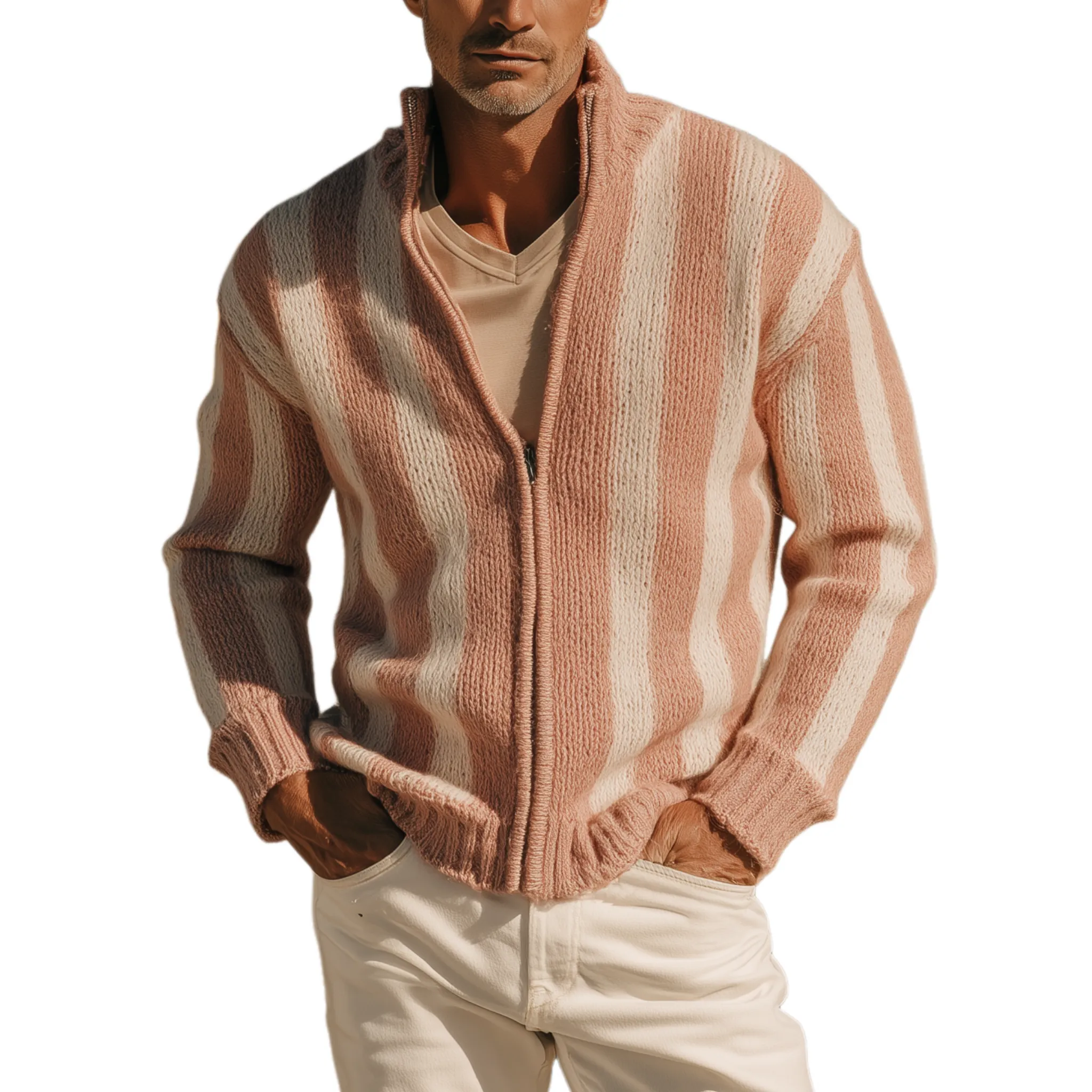 Men's Classic Casual Western Tough Style Stand Collar Zipper Striped Knitted Cardigan MTA0854I7K sold by Manly