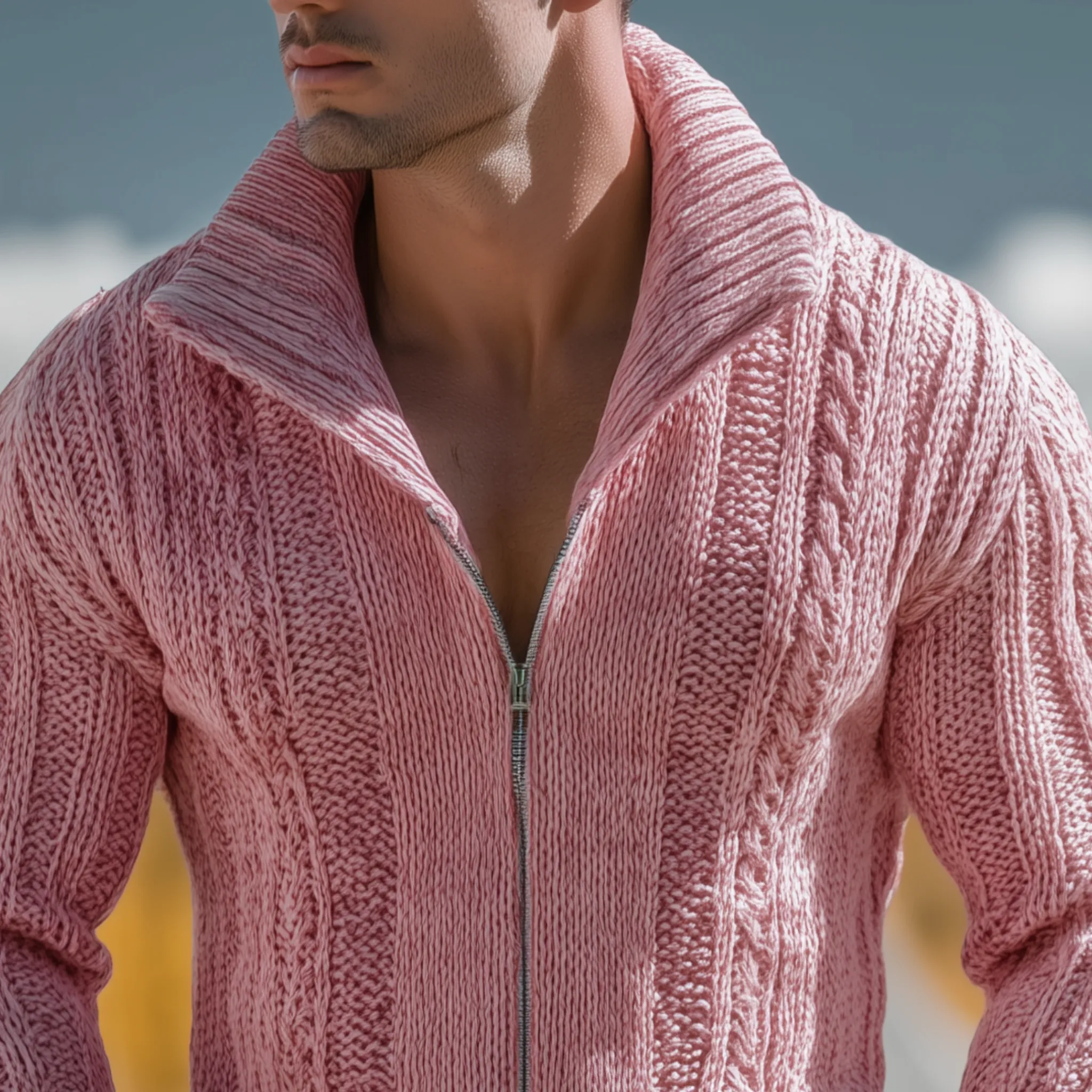 Men's Classic Casual Western Tough Style Stand Collar Zipper Slim Pink Knit Cardigan MTA0851I0K sold by Manly product image thumbnail 3