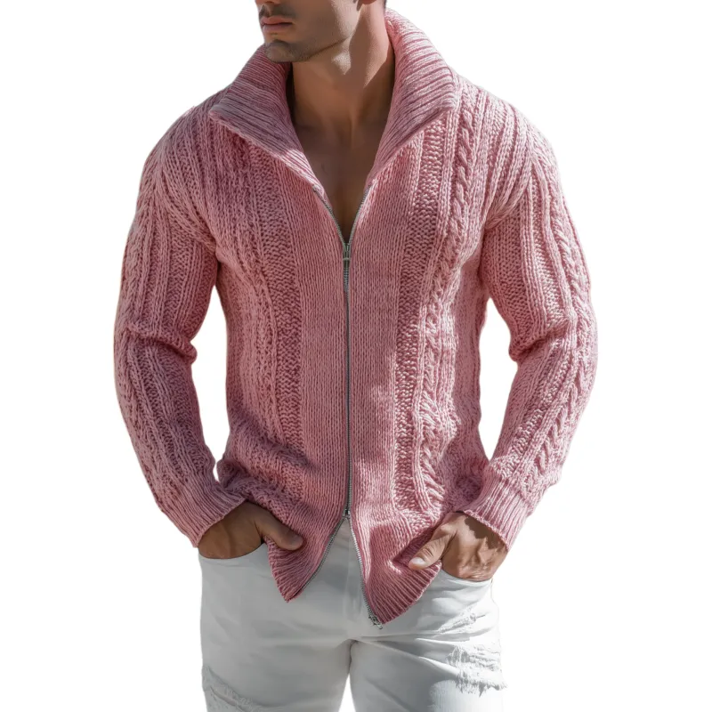 Men's Classic Casual Western Tough Style Stand Collar Zipper Slim Pink Knit Cardigan MTA0851I0K sold by Manly