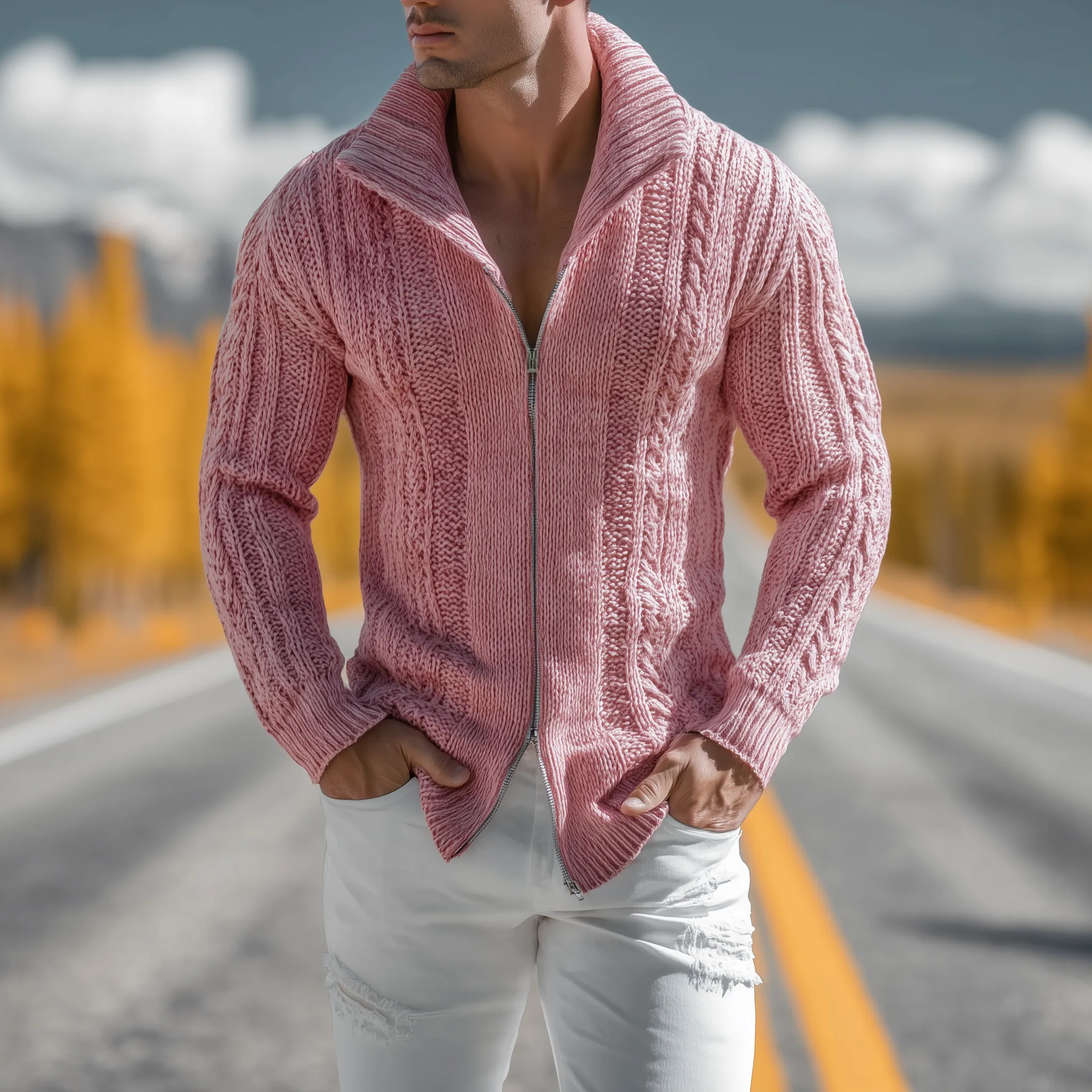Men's Classic Casual Western Tough Style Stand Collar Zipper Slim Pink Knit Cardigan MTA0851I0K sold by Manly product image thumbnail 2