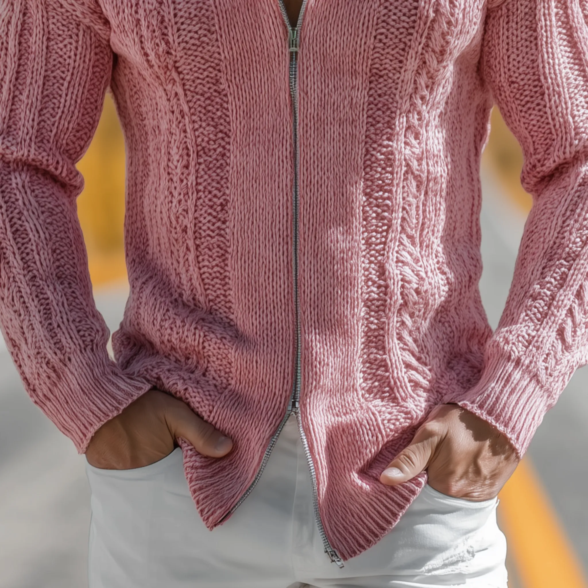 Men's Classic Casual Western Tough Style Stand Collar Zipper Slim Pink Knit Cardigan MTA0851I0K sold by Manly product image thumbnail 4