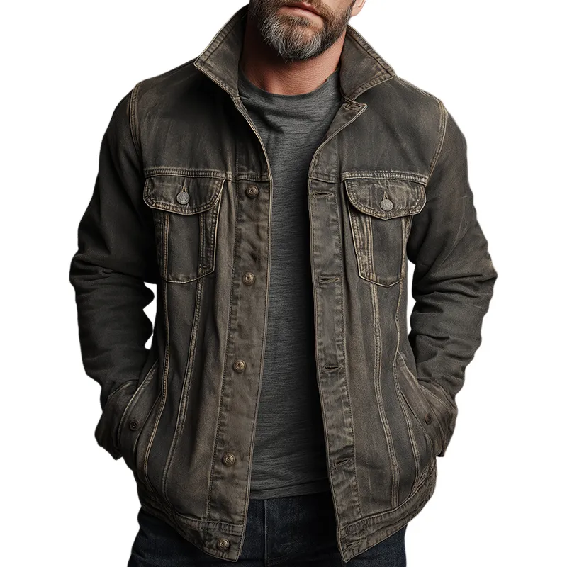 Men's Vintage Casual Cotton Washed Workwear Lapel Button Jacket MTA0567I5TO sold by Manly