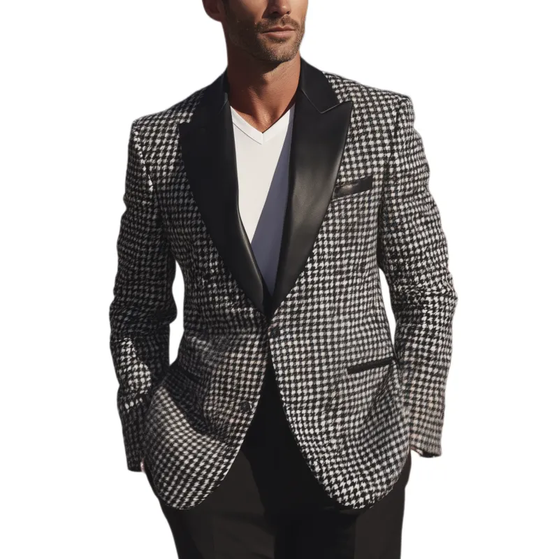 Men's Classic Casual And Light Business PU Leather Collar Single-breasted Houndstooth Slim-fit Blazer MTA0907I3K sold by Manly