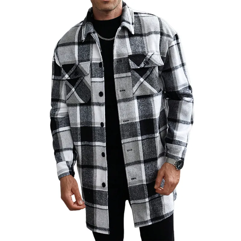 Men's Vintage Flannel Lapel Midi Long Sleeve Shirt MTA0991I8X sold by Manly