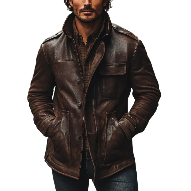 Men's Vintage Distressed Lapel Multi-pocket PU Mid-length Coat MTA0886I6X sold by Manly