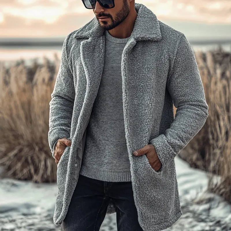 Men's Solid Color Polar Fleece Lapel Single-breasted Mid-length Coat MTA0932I5X sold by Manly product image thumbnail 4