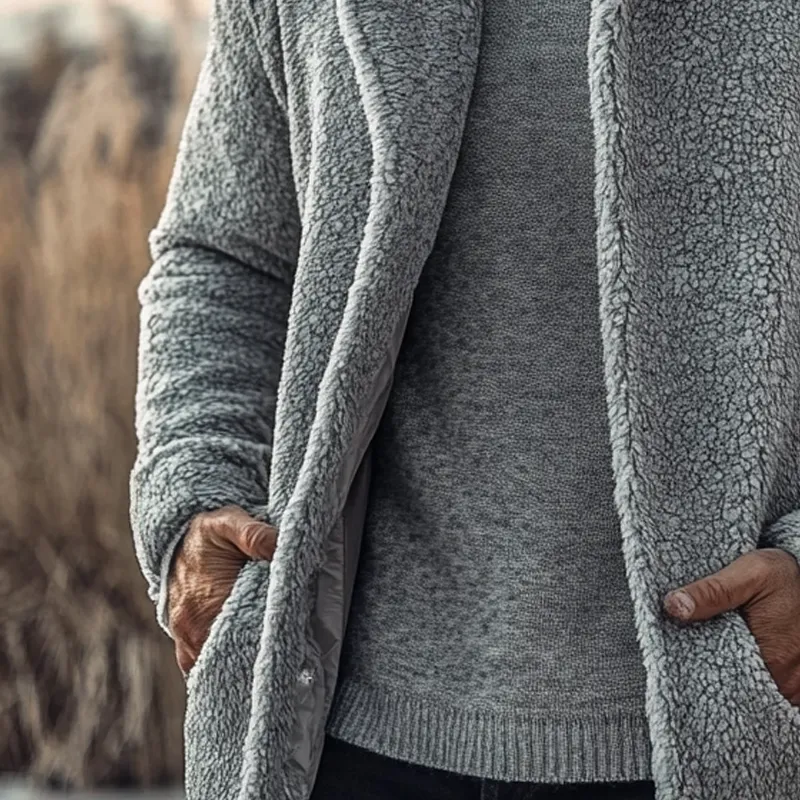 Men's Solid Color Polar Fleece Lapel Single-breasted Mid-length Coat MTA0932I5X sold by Manly product image thumbnail 3