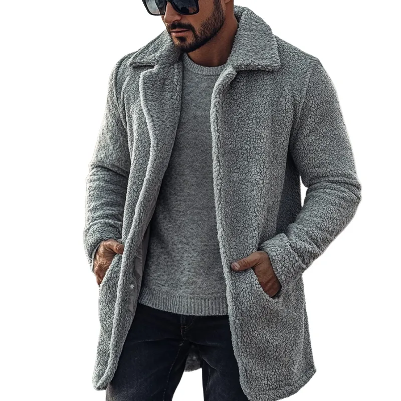 Men's Solid Color Polar Fleece Lapel Single-breasted Mid-length Coat MTA0932I5X sold by Manly