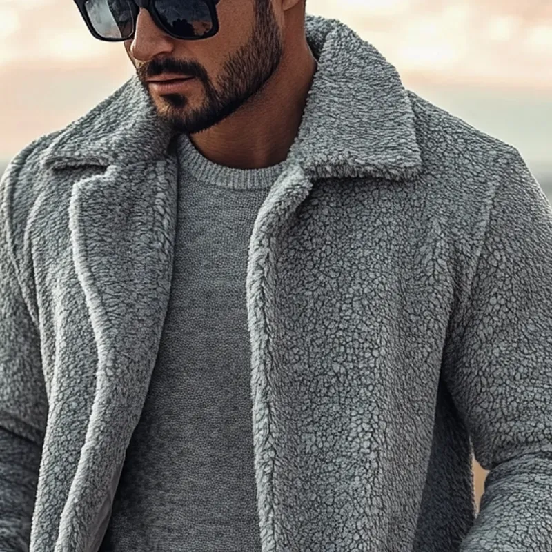 Men's Solid Color Polar Fleece Lapel Single-breasted Mid-length Coat MTA0932I5X sold by Manly product image thumbnail 2