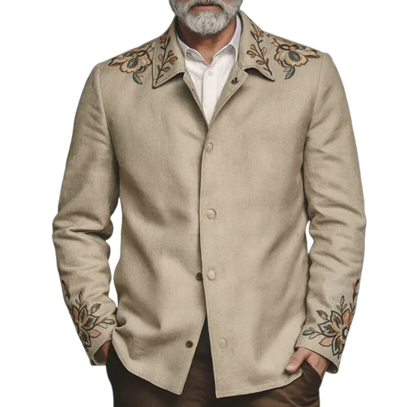 Men's Cotton And Linen Vintage Embroidered Lapel Jacket MTA0961I5X sold by Manly