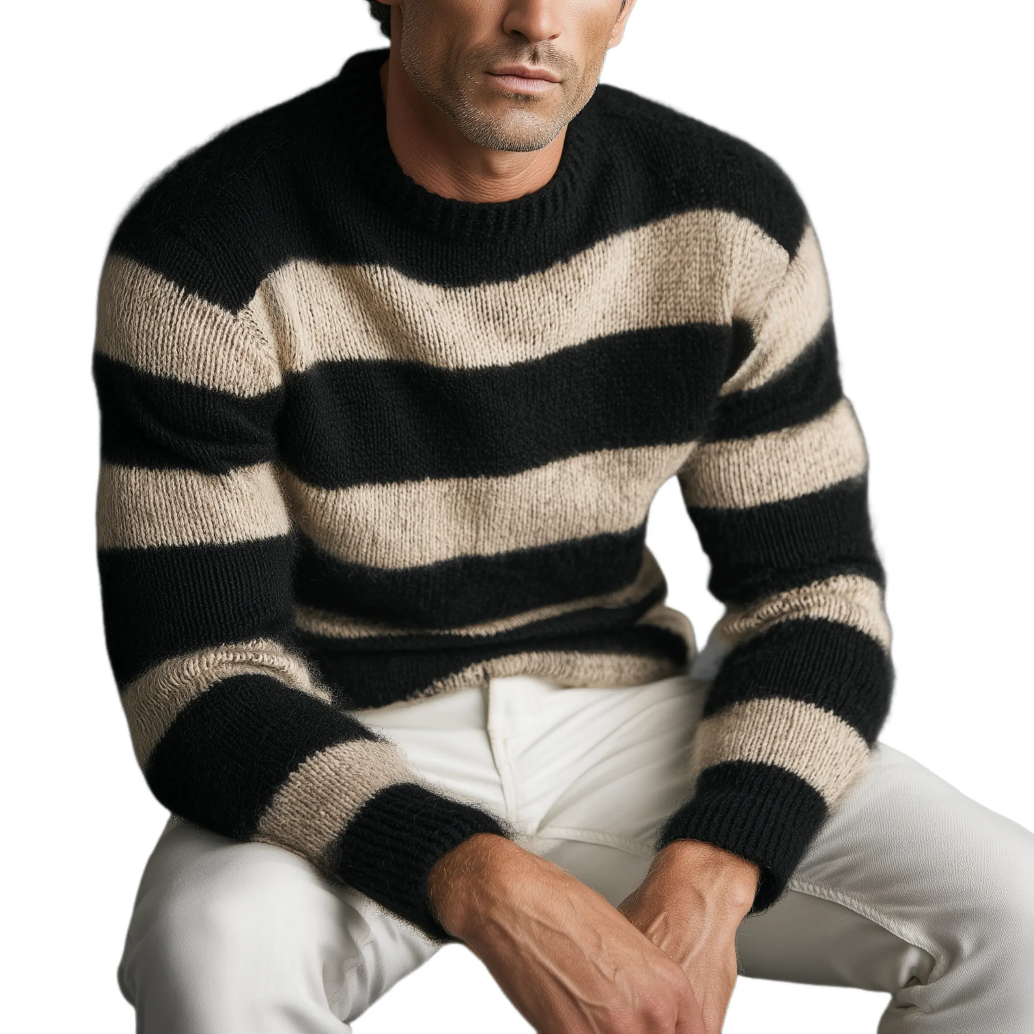 Men's Classic Casual Tough Style Crew Neck Striped Sweater MTA0847I8K sold by Manly