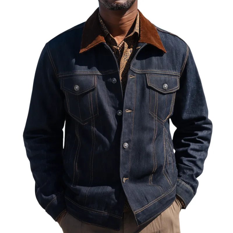 Men's Vintage Denim Patchwork Corduroy Collar Jacket MTA0966I5U sold by Manly