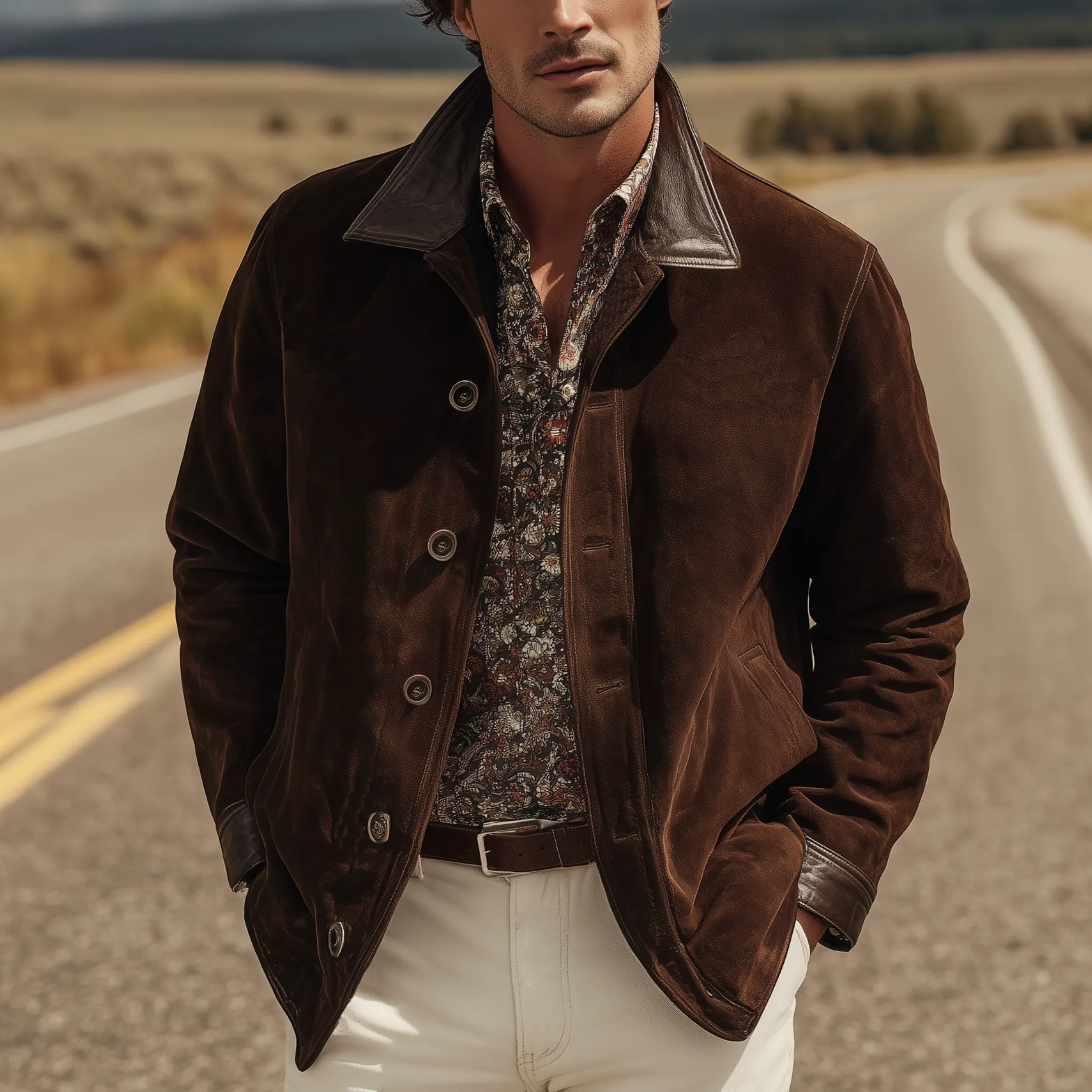 Men's Classic Western Casual Tough Style PU Leather Lapel And Cuff Suede Jacket MTA0883I3K sold by Manly product image thumbnail 2