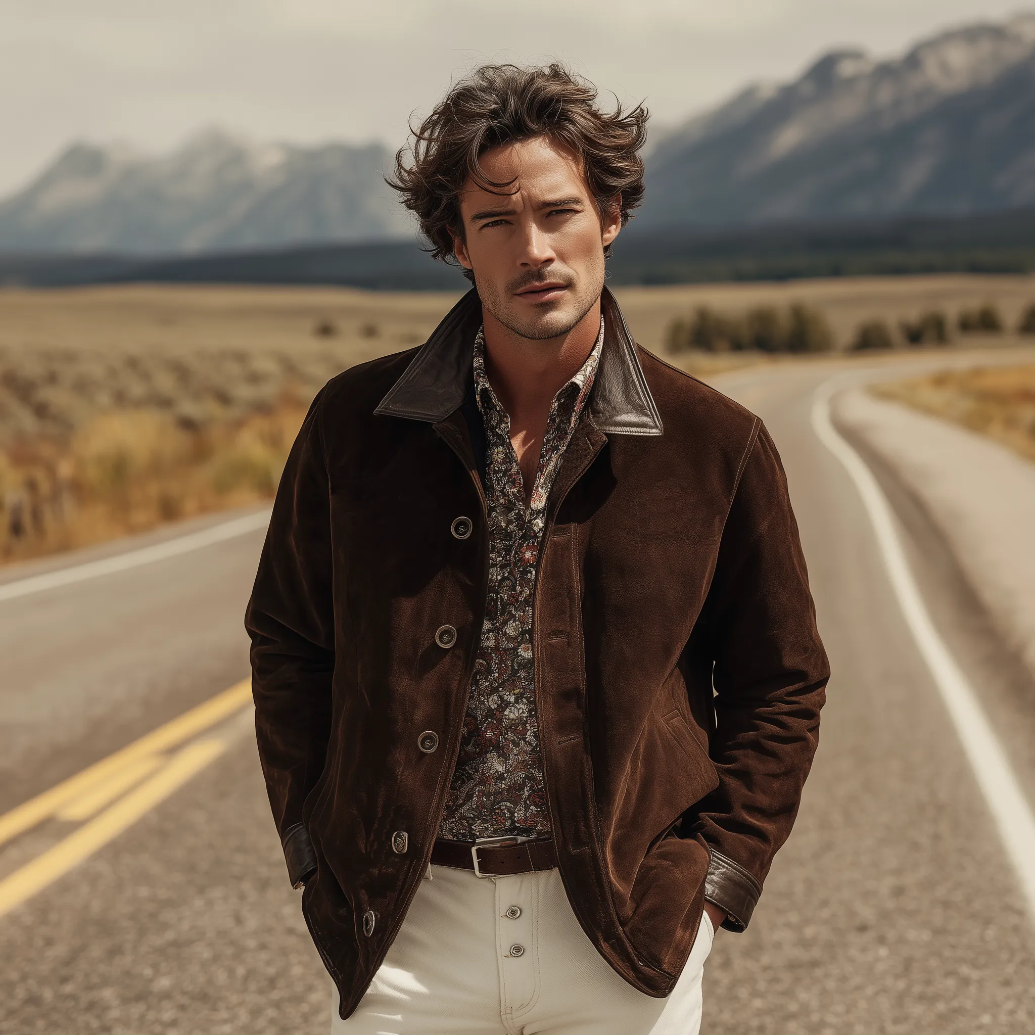 Men's Classic Western Casual Tough Style PU Leather Lapel And Cuff Suede Jacket MTA0883I3K sold by Manly product image thumbnail 3