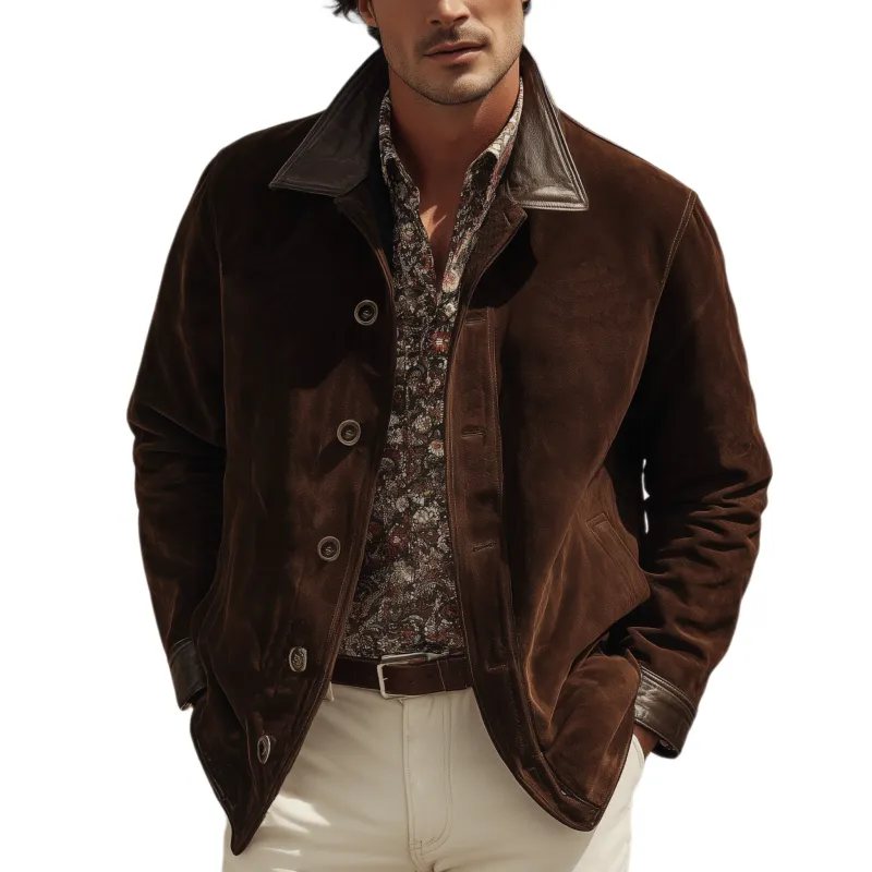 Men's Classic Western Casual Tough Style PU Leather Lapel And Cuff Suede Jacket MTA0883I3K sold by Manly