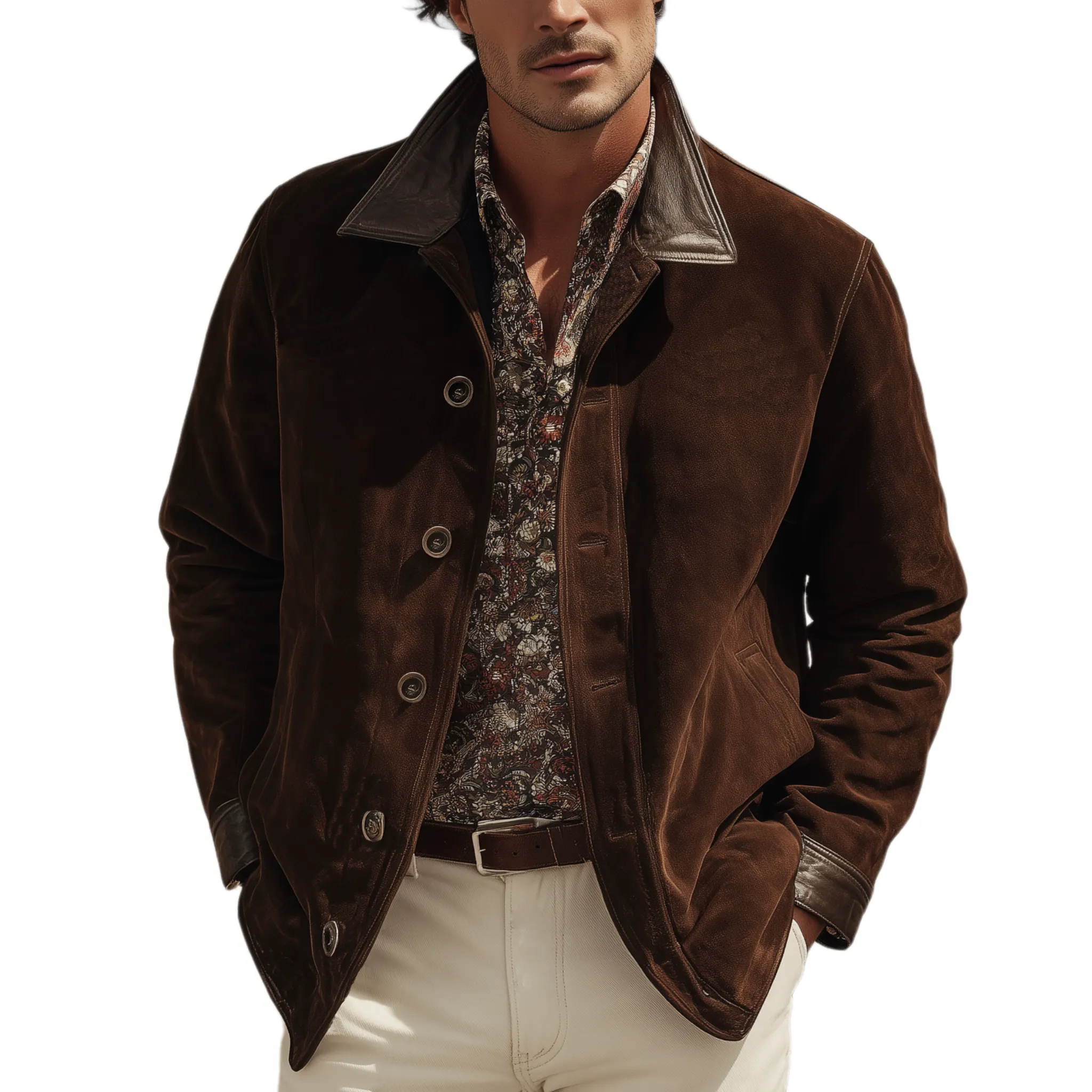 Men's Classic Western Casual Tough Style PU Leather Lapel And Cuff Suede Jacket MTA0883I3K sold by Manly