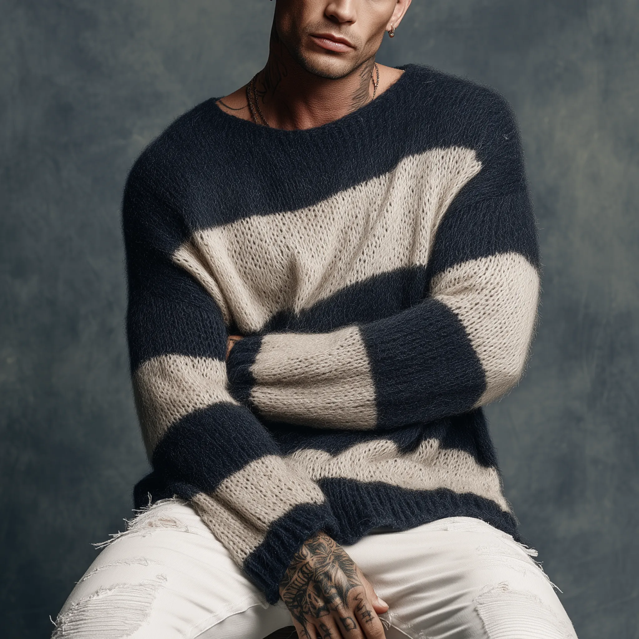 Men's Classic Casual Round Neck Contrast Color Horizontal Striped Long Sleeve Sweater MTA0885I8K sold by Manly product image thumbnail 2