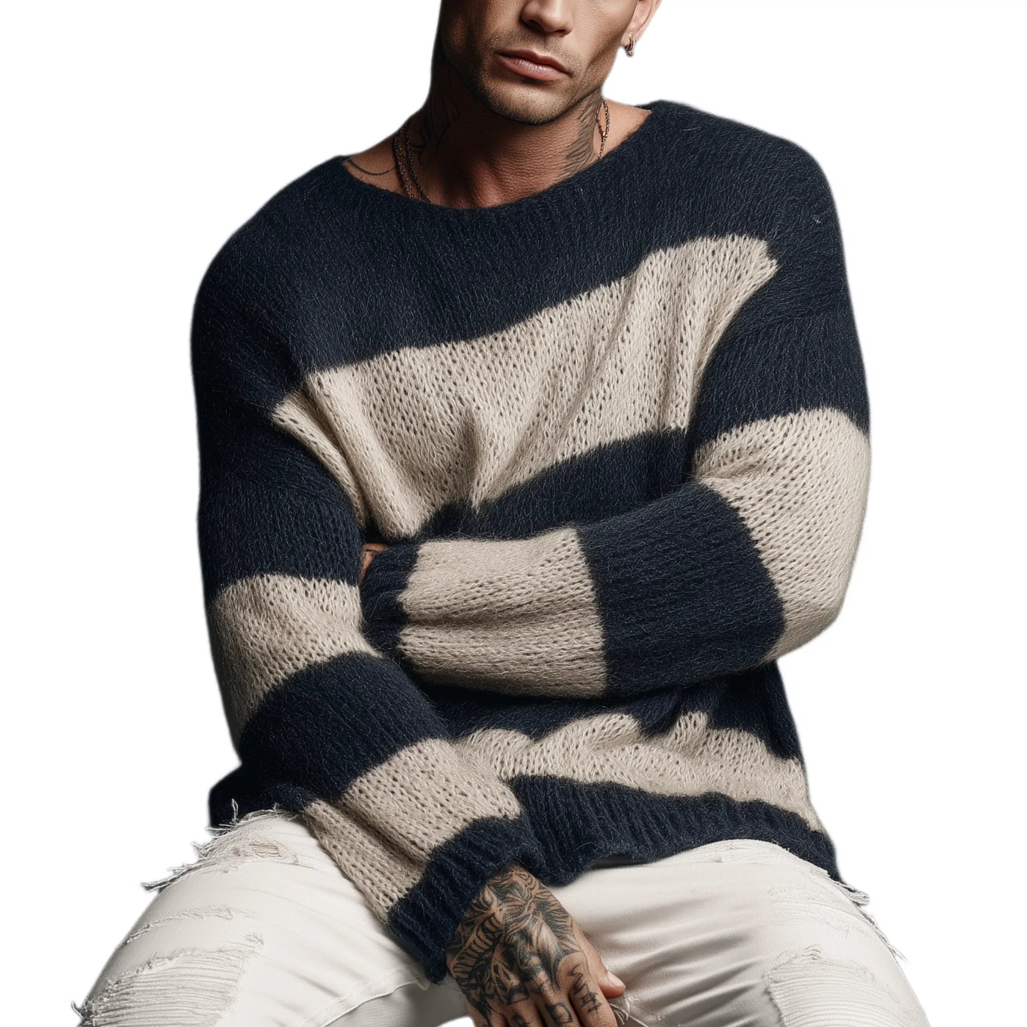 Men's Classic Casual Round Neck Contrast Color Horizontal Striped Long Sleeve Sweater MTA0885I8K sold by Manly