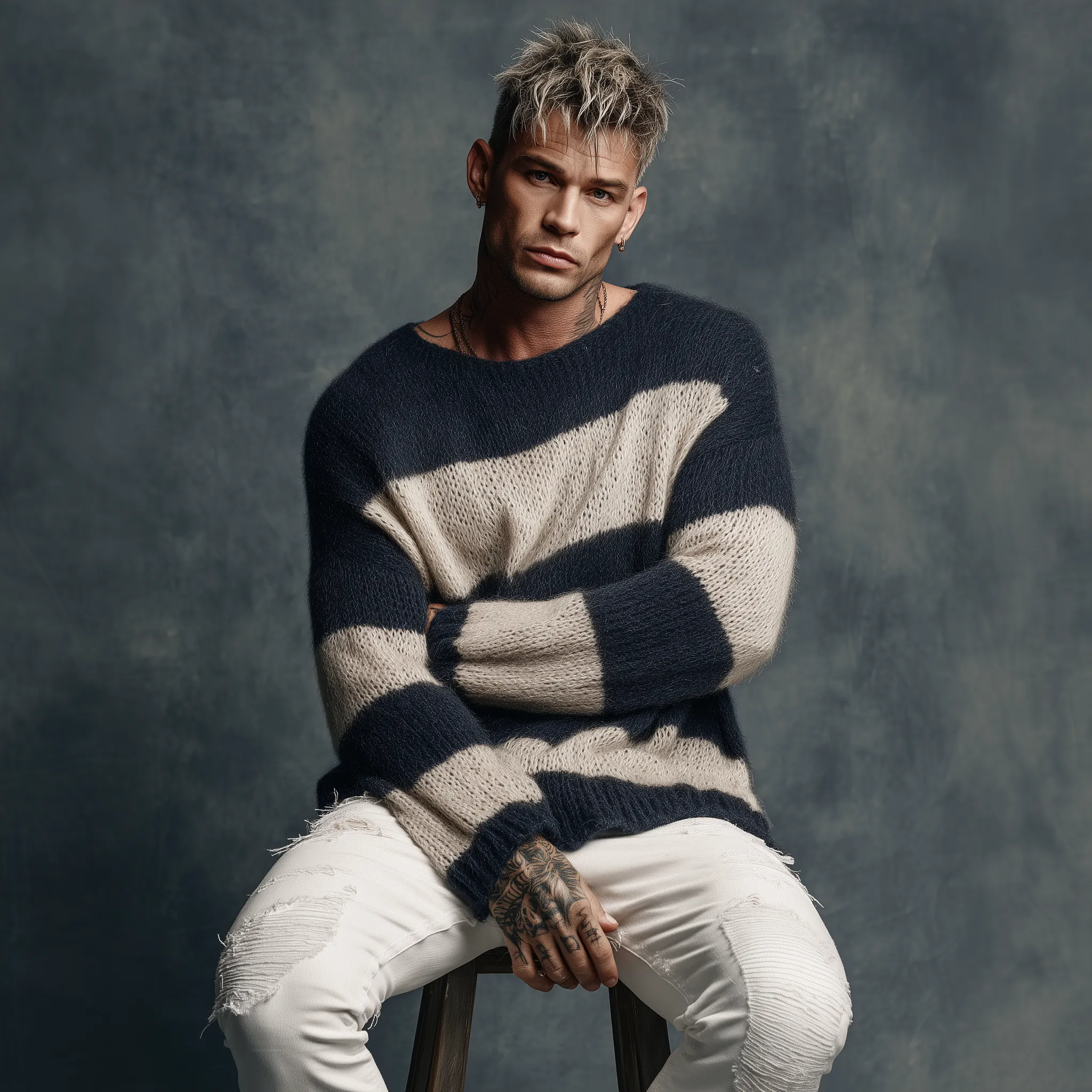 Men's Classic Casual Round Neck Contrast Color Horizontal Striped Long Sleeve Sweater MTA0885I8K sold by Manly product image thumbnail 3