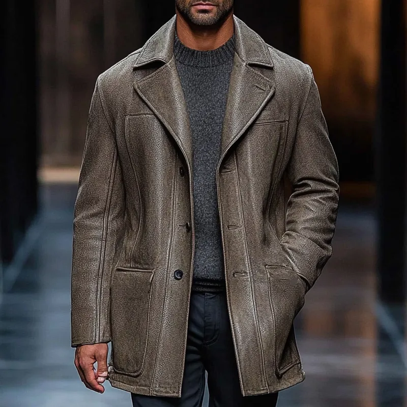 Men's Retro Casual Lapel Mid-Length PU Coat MTA0837I8X sold by Manly product image thumbnail 2