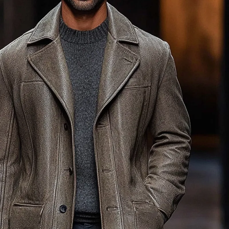 Men's Retro Casual Lapel Mid-Length PU Coat MTA0837I8X sold by Manly product image thumbnail 3