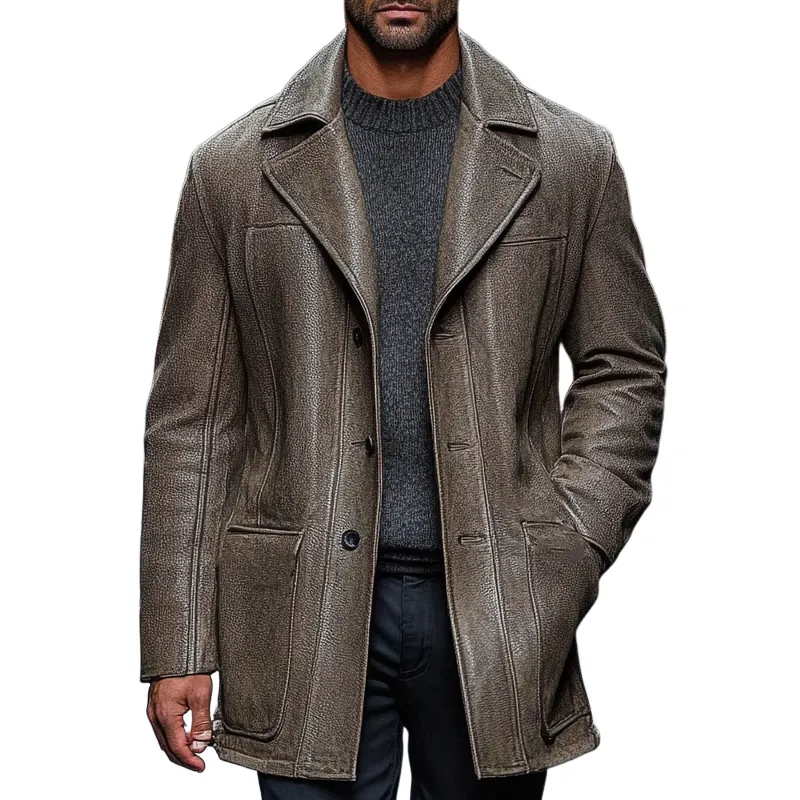 Men's Retro Casual Lapel Mid-Length PU Coat MTA0837I8X sold by Manly