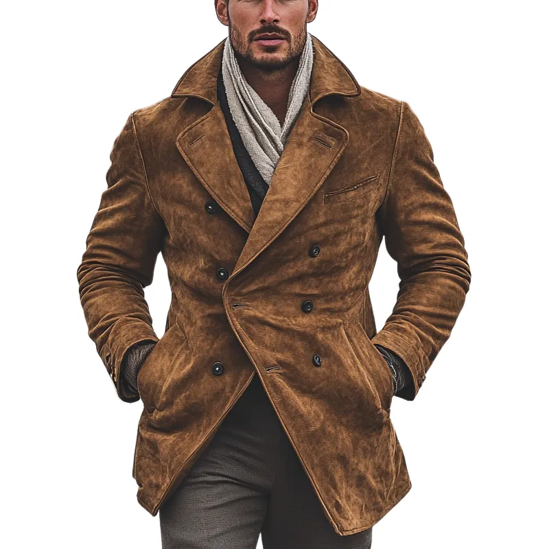 Men's Vintage Faux Suede Double-Breasted Lapel Mid-Length Coat MTA0843I7X sold by Manly