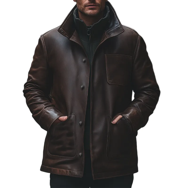 Men's Vintage Distressed Single-breasted PU Mid-length Coat MTA0852I8X sold by Manly