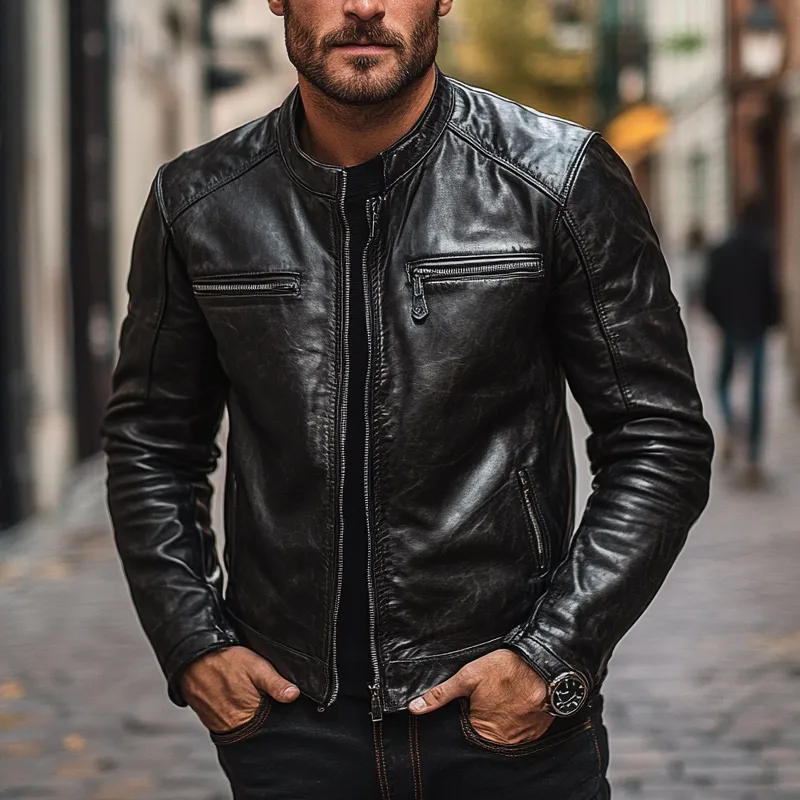 Men's Solid Color Slim Fit Motorcycle Stand Collar PU Jacket MTA0876I8X sold by Manly product image thumbnail 2