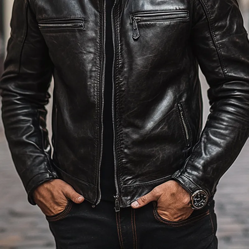 Men's Solid Color Slim Fit Motorcycle Stand Collar PU Jacket MTA0876I8X sold by Manly product image thumbnail 4