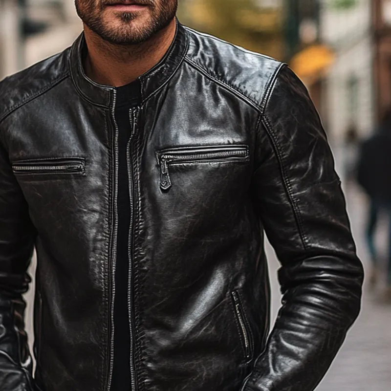 Men's Solid Color Slim Fit Motorcycle Stand Collar PU Jacket MTA0876I8X sold by Manly product image thumbnail 3