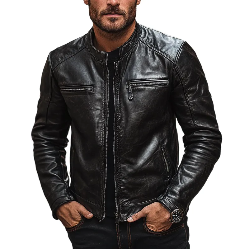 Men's Solid Color Slim Fit Motorcycle Stand Collar PU Jacket MTA0876I8X sold by Manly