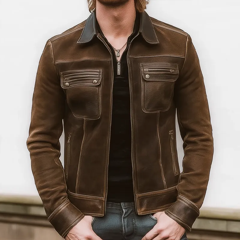 Men's Vintage Suede And PU Leather Patchwork Zipper Jacket MTA0854I5U sold by Manly product image thumbnail 2