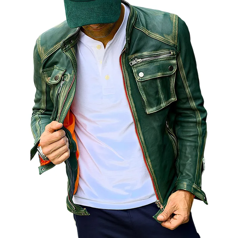 Men's Vintage Distressed PU Leather Stand Collar Zipper Jacket MTA0800I8U sold by Manly