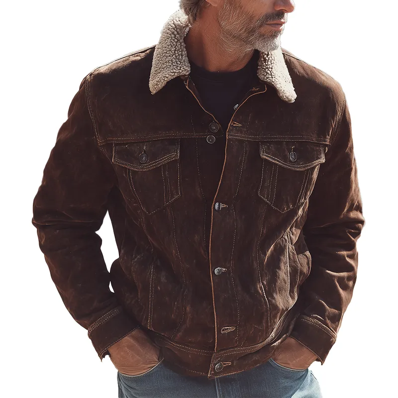 Men's Winter Vintage Detachable Faux Sherpa Collar Faux Suede Jacket MTA0818I8P sold by Manly