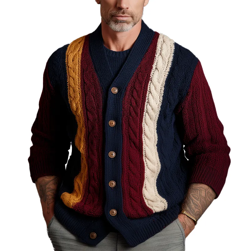 Men's Autumn And Winter Retro Color-Contrast Twist Pattern Knitted Cardigan MTA0894I8P sold by Manly