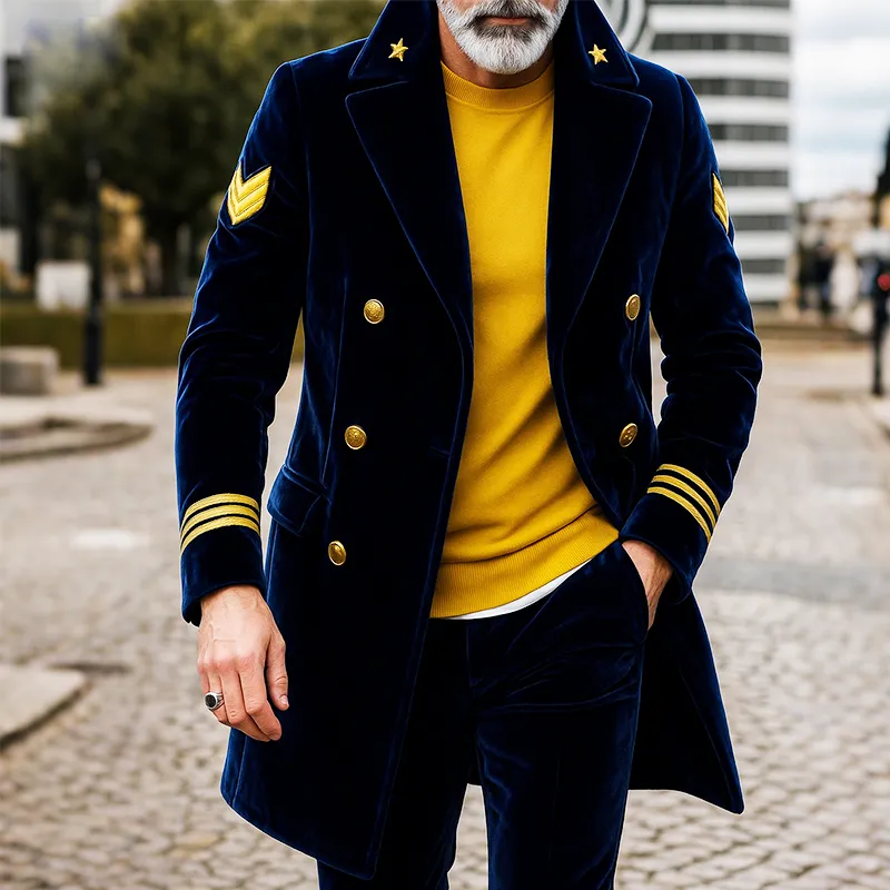 Men's Retro Casual Navy Style Embroidered Velvet Lapel Mid-Length Double-Breasted Coat MTA0534I0TO sold by Manly product image thumbnail 2