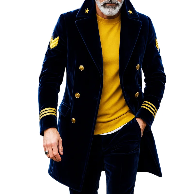 Men's Retro Casual Navy Style Embroidered Velvet Lapel Mid-Length Double-Breasted Coat MTA0534I0TO sold by Manly