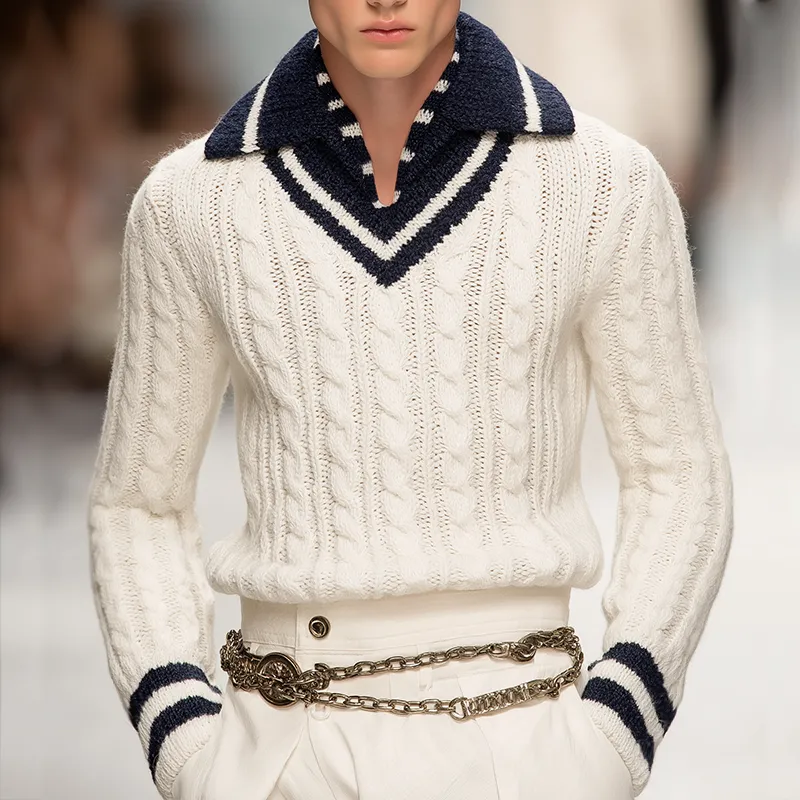 Men's Retro Casual Colorblock Navy Lapel Cable Knit Sweater MTA0193I1TO sold by Manly product image thumbnail 2