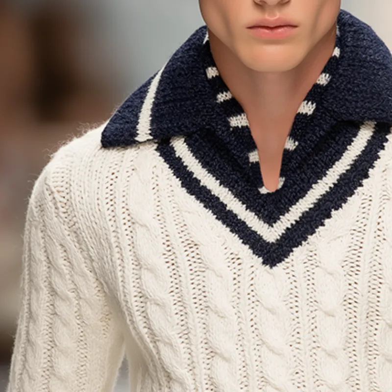 Men's Retro Casual Colorblock Navy Lapel Cable Knit Sweater MTA0193I1TO sold by Manly product image thumbnail 3