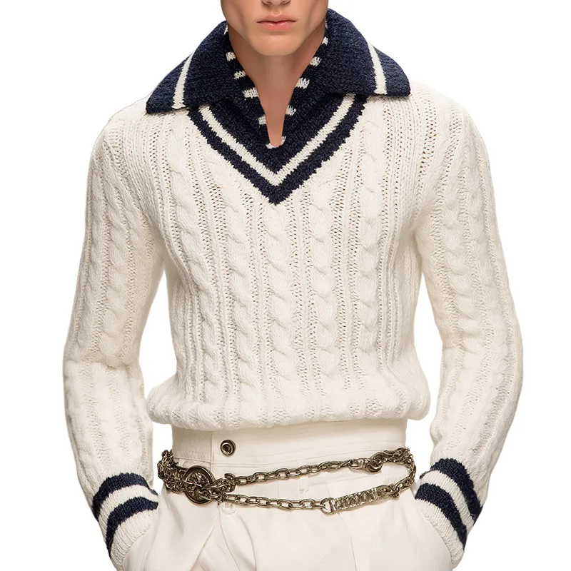 Men's Retro Casual Colorblock Navy Lapel Cable Knit Sweater MTA0193I1TO sold by Manly
