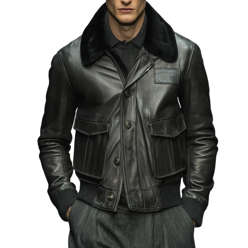 Men's Retro Casual Fur Collar Button Zipper Leather Jacket MTA0125I9TO sold by Manly