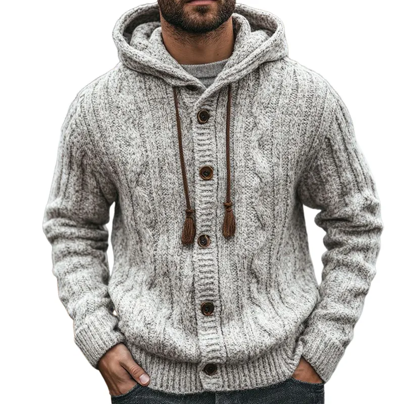 Men's Retro Casual Cable Knit Hooded Button Cardigan MTA0492I8TO sold by Manly