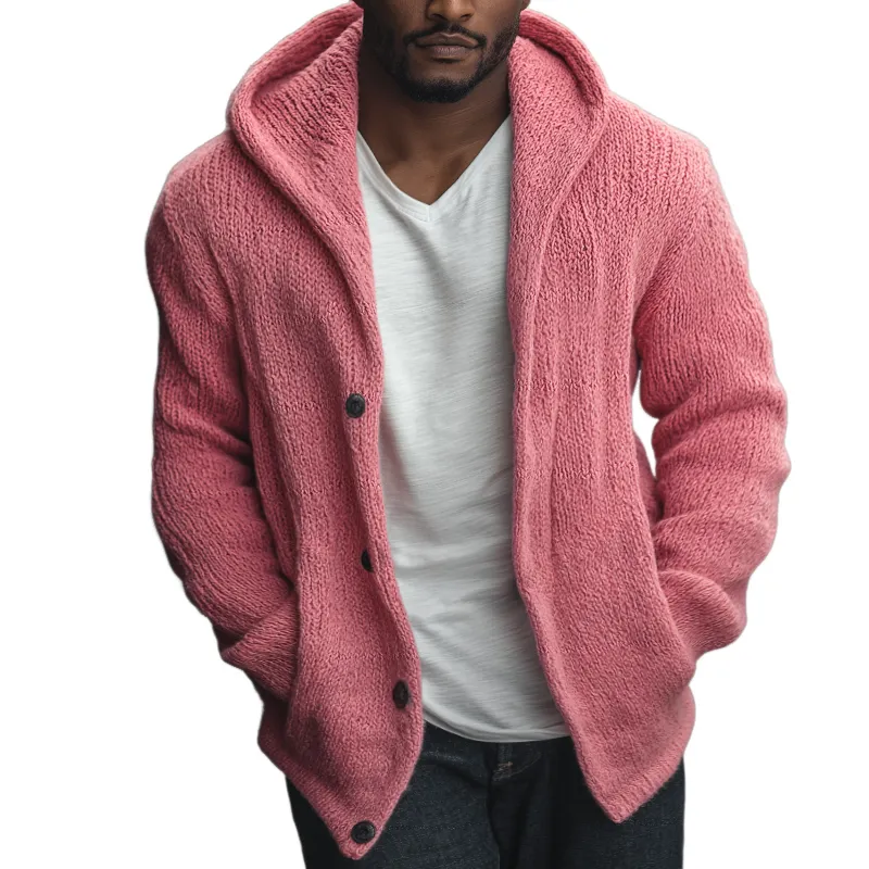 Men's Retro Casual Solid Color Knitted Hooded Button Cardigan MTA0499I0TO sold by Manly